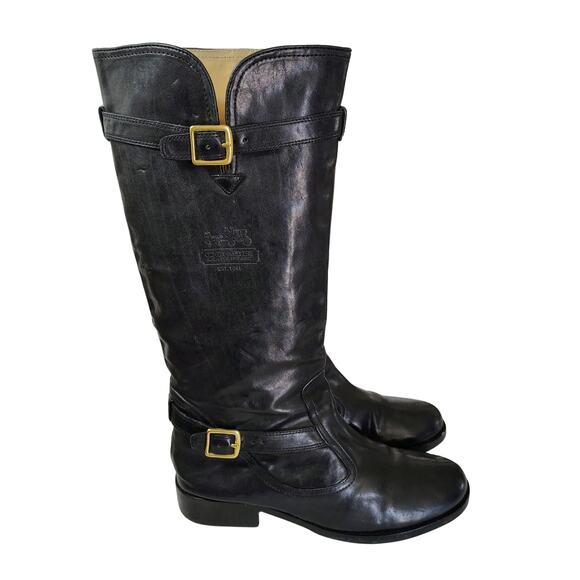 Coach Whitley Tall Black Leather Riding Boots Buckles Zipper Round Toe Size 10B - Picture 1 of 12